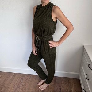 Green jersey knit jumpsuit neck button Minimalist comfy Neutral loungewear